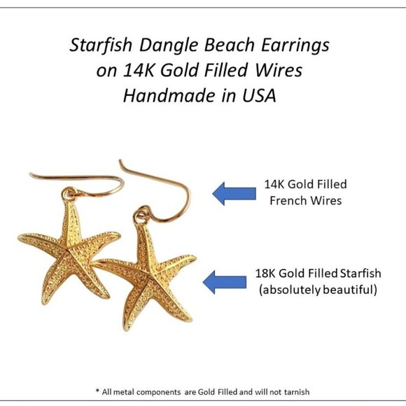 Starfish Earrings Gold 14K Gold Filled Wires Womens Girls Beach Jewelry - Picture 2 of 6